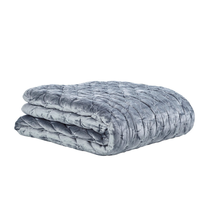 QT-336-11898_3|Folded slate grey velvet pleated quilt. Offers luxurious texture and exceptional warmth for cozy, inviting bedrooms.