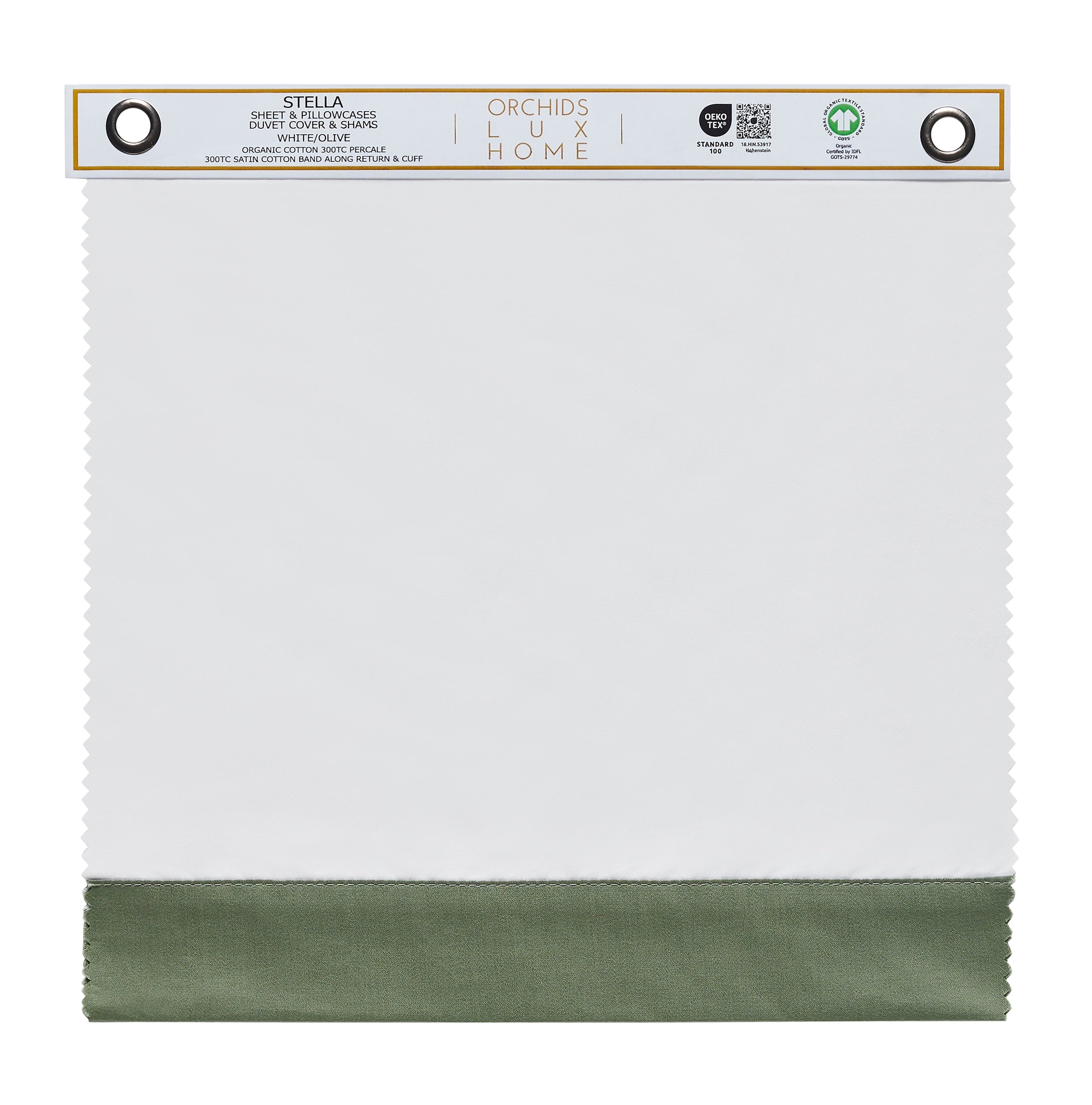 SWT-542-1010_1|Organic cotton percale Stella sheet swatch, 300TC, white/forest, with satin cotton band, GOTS certified premium bedding.