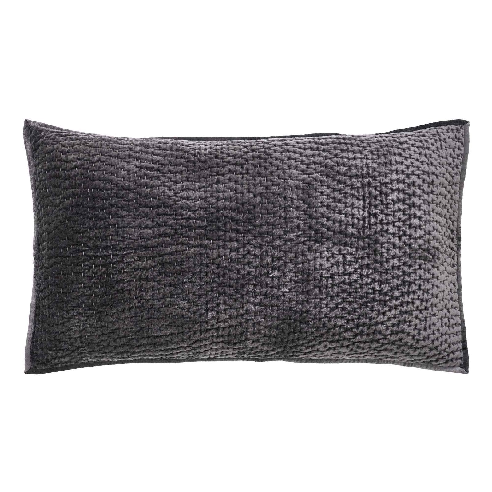KS-184-2036_1|Plush dark grey velvet lumbar pillow, featuring a rich quilted texture, adds comfort and elegance to bedding.