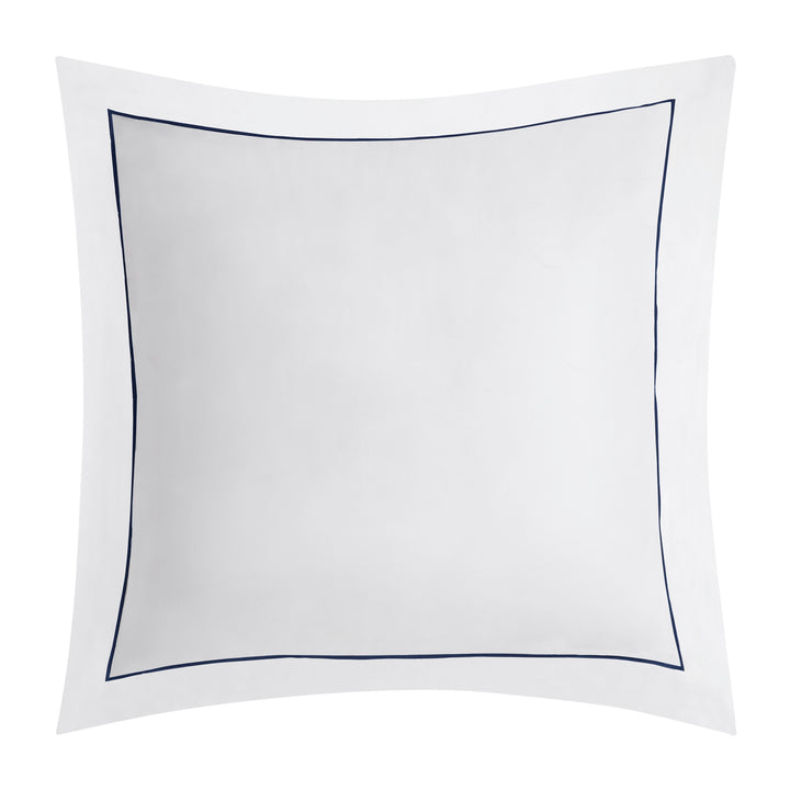 ES-070-2626_1|White duvet cover sham with a crisp navy blue embroidered border, a stylish and elegant addition to luxury bedding.