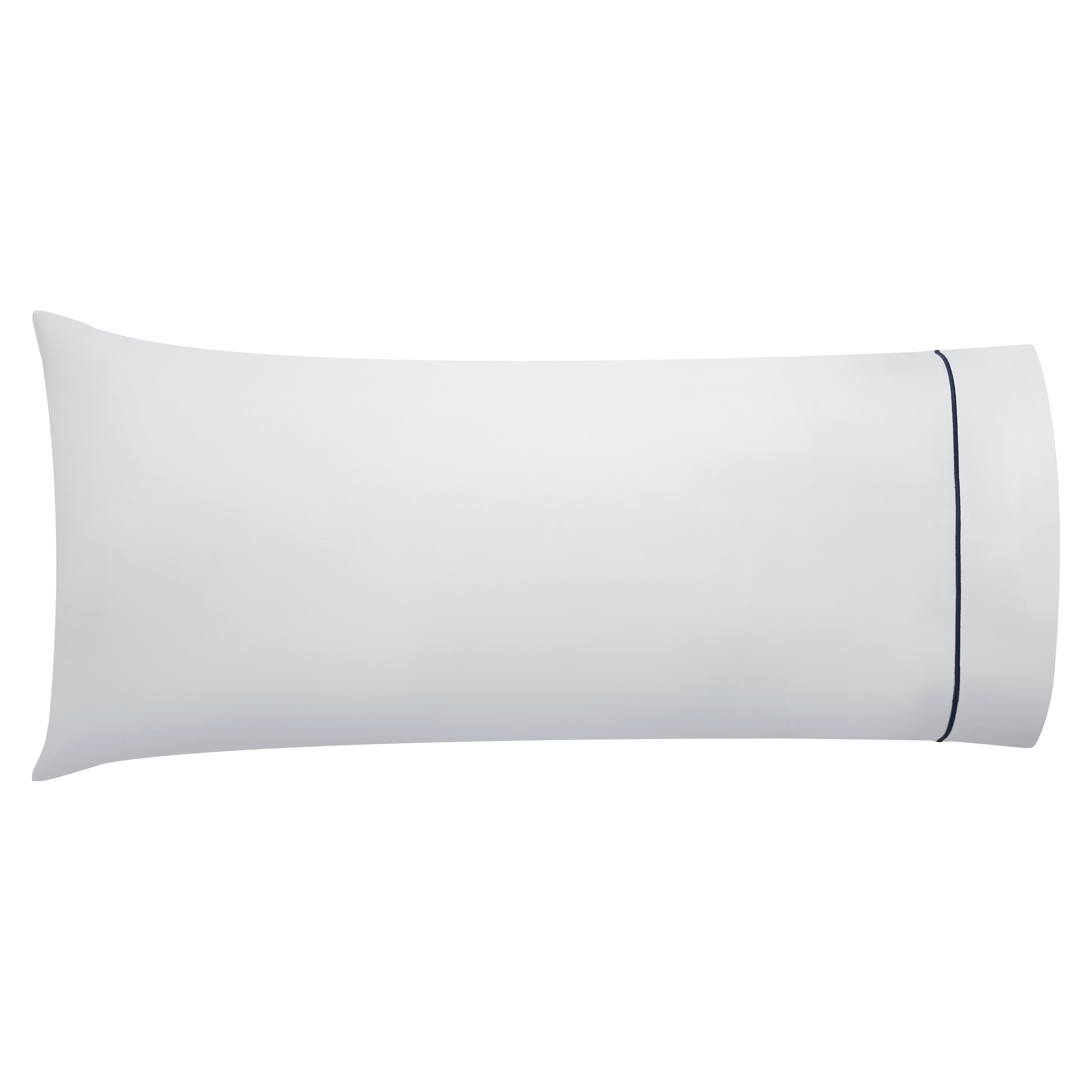AKP-549-2040_1|Premium 100% cotton body pillowcase, soft white fabric with elegant navy blue piped edge, ensuring luxurious comfort and durability.
