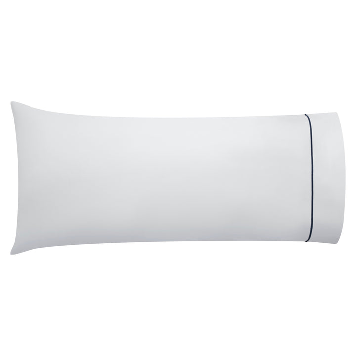 AKP-549-2040_1|Premium 100% cotton body pillowcase, soft white fabric with elegant navy blue piped edge, ensuring luxurious comfort and durability.