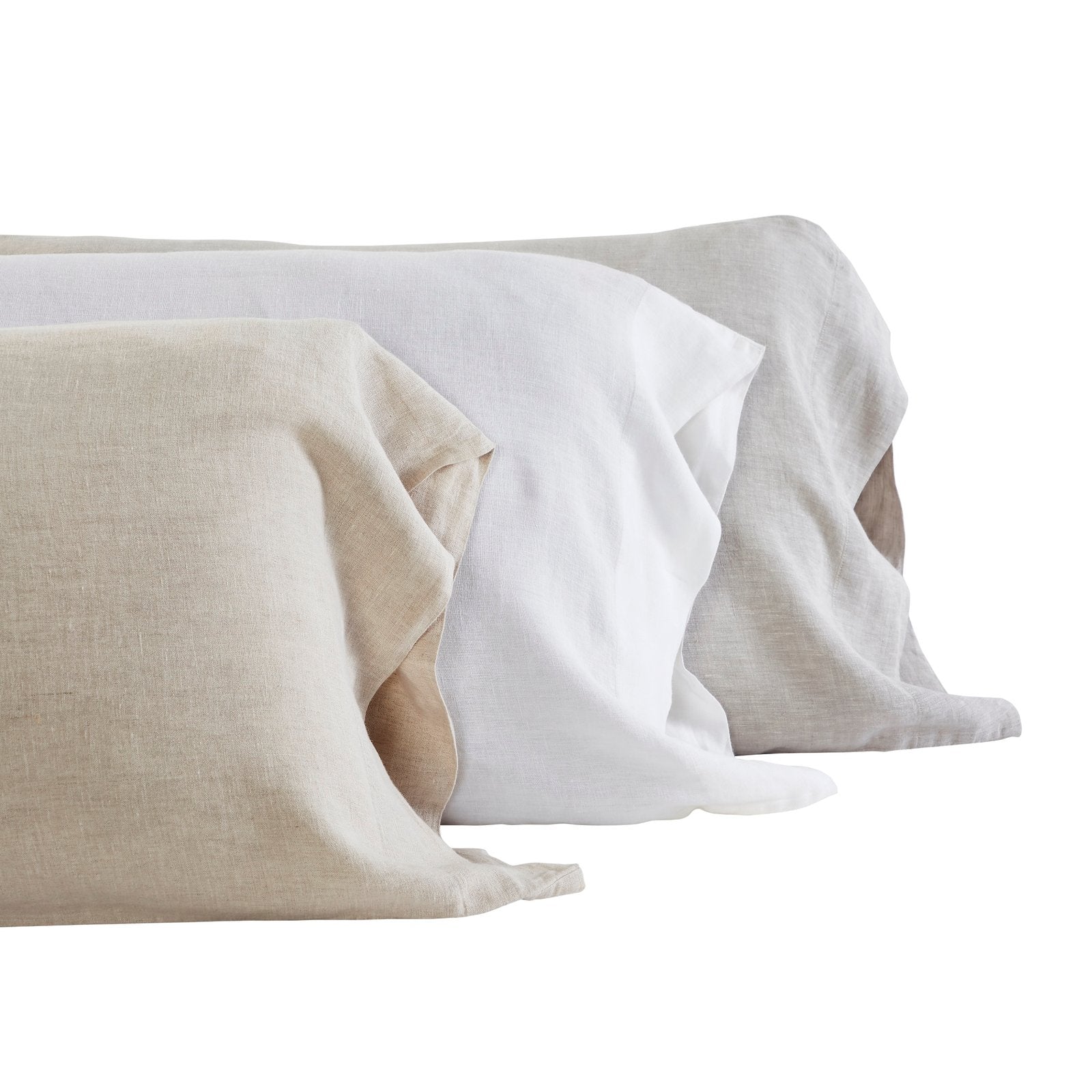ASP-514-X_1|Set of three natural linen pillowcases in varied neutral tones, offering breathable comfort and a relaxed, rustic elegance.