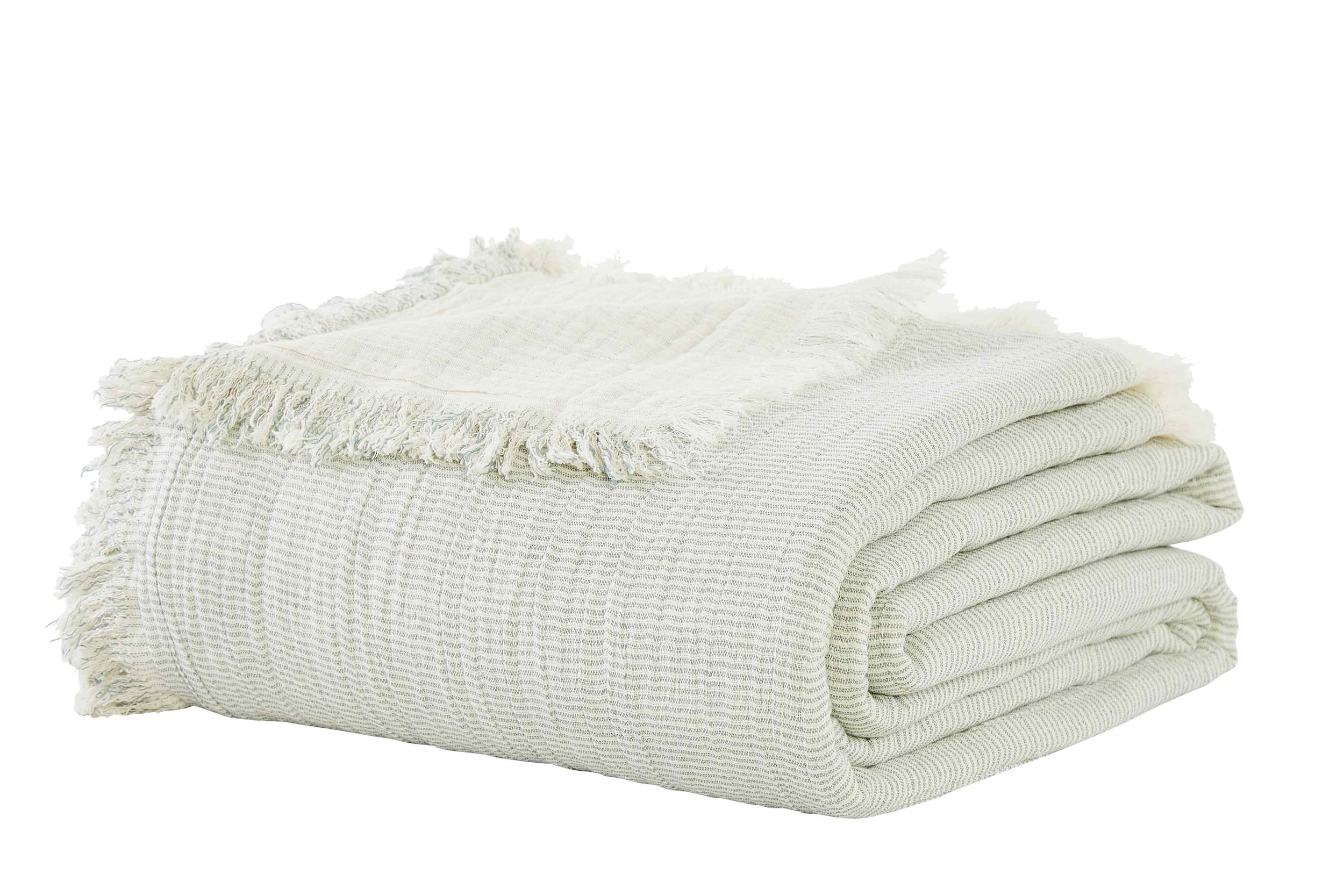 BT-111-9496_4|Folded light green and white striped cotton blanket with decorative fringe edges, perfect for a cozy living room or bedroom.