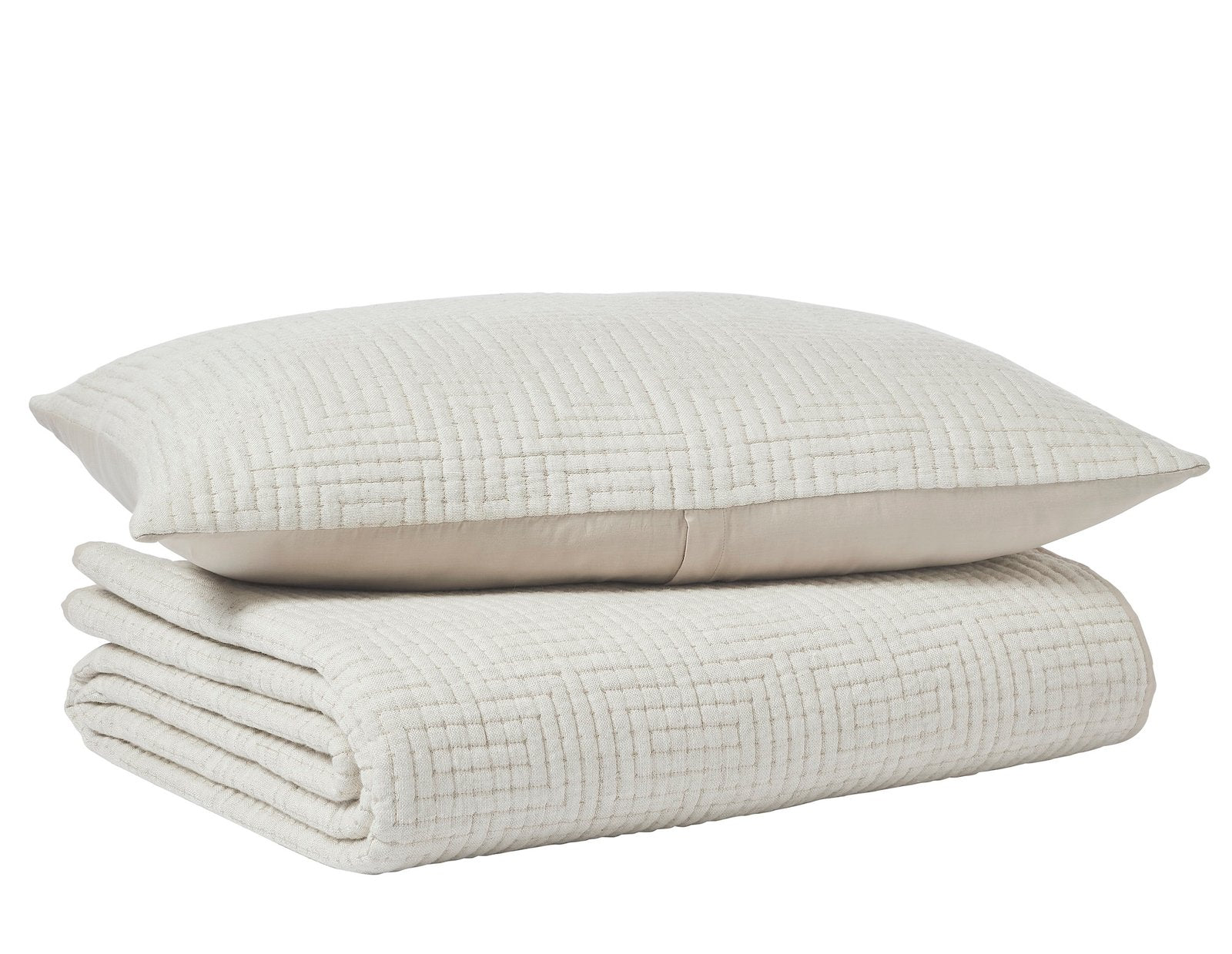 CL-259-11096_6|Folded off-white textured geometric pattern coverlet and matching pillow for a cozy, stylish bedding set.