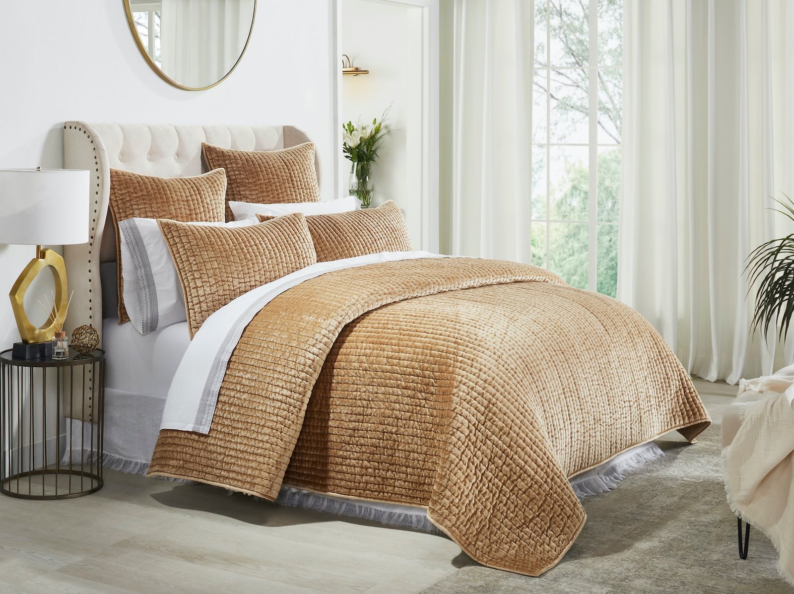 QT-362-11096_1|Luxurious golden-brown velvet channel-quilted bed quilt elegantly drapes over a bed, enhancing a opulent bedroom.