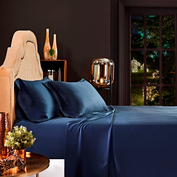 CSS-511-7284_1|Deep navy blue 100% Lyocell sheets, providing luxurious silky soft comfort and breathable elegance for any bedroom.