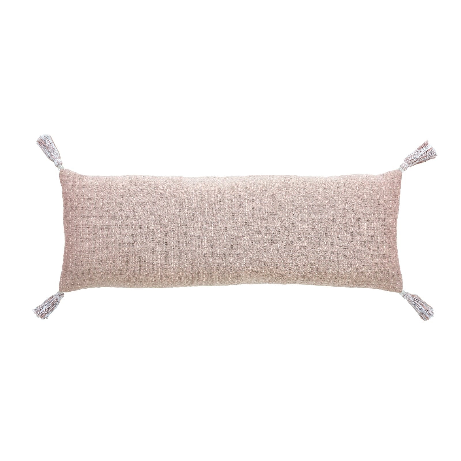 TP-105-1440_1|Pink woven textured rectangular lumbar decorative pillow with decorative tassels on each corner. Factual product description.