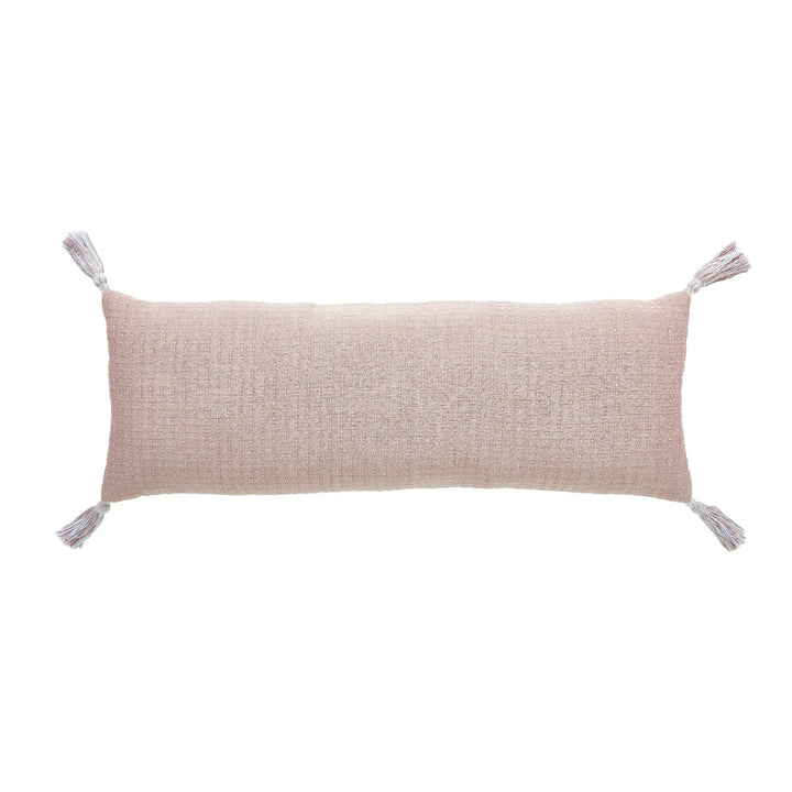 TP-105-1440_1|Pink woven textured rectangular lumbar decorative pillow with decorative tassels on each corner. Factual product description.