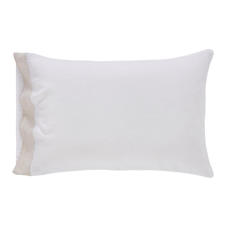 ASP-517-X_1|Crisp white linen pillow sham features an elegant tan ruffle trim, adding a touch of sophisticated charm to bedding.