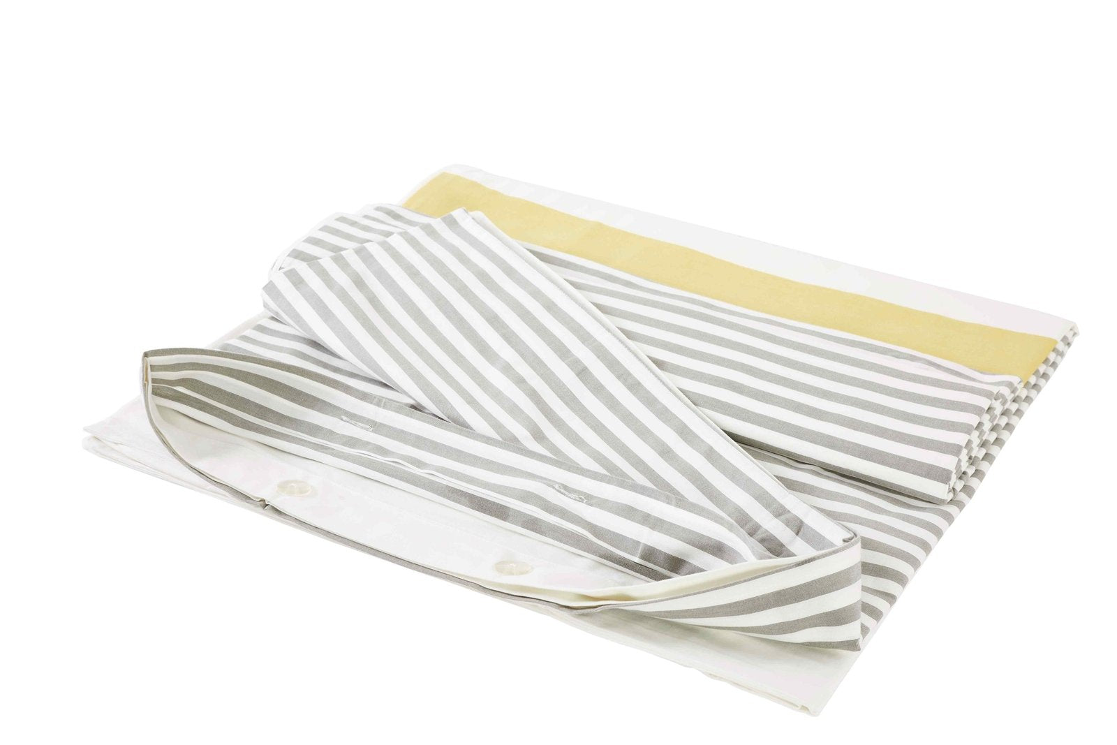DT-001A-9092_2|Neatly folded grey striped duvet cover with a vibrant yellow trim, perfect for a cozy and modern bedroom setting.