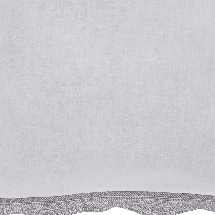 SWT-010-7.8_1|Crisp white linen blend fabric with an intricate grey geometric patterned border, sophisticated for homewares.