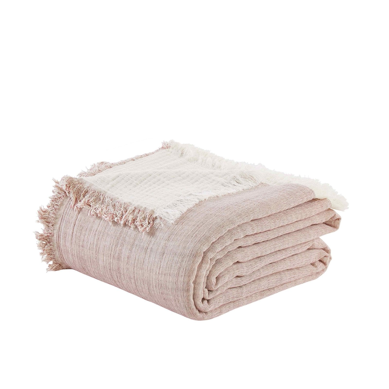 BT-110-11096_2|Folded dusty pink crinkled blanket with frayed edges, revealing its soft texture and reversible design for relaxed home comfort.
