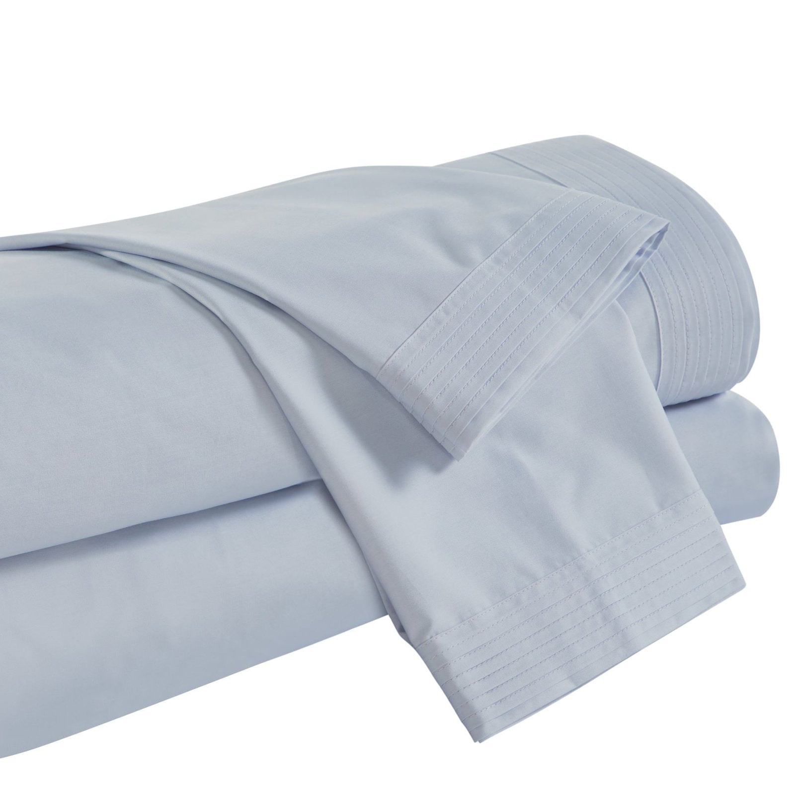 QSS-524-6080_5|Neatly folded stack of light blue 100% cotton sheets, displaying crisp pleats on the borders of the pillowcases.