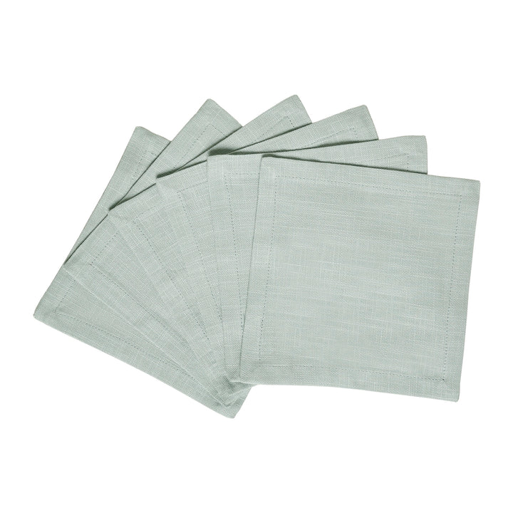 CNP-4906-66_2|Collection of light green reusable linen fabric dinner napkins, neatly fanned on a crisp white background for versatile styling.