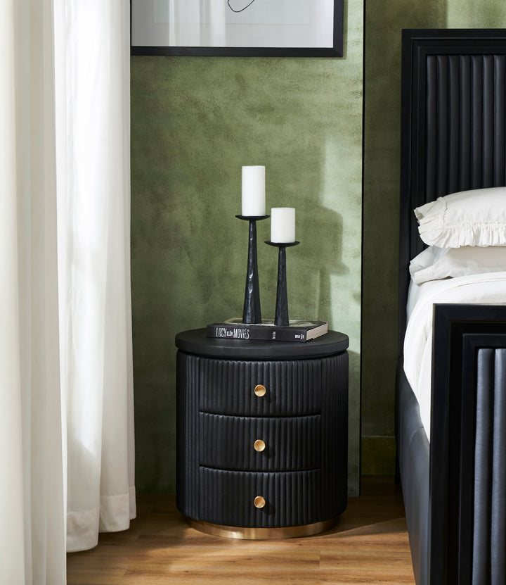 FN-5213-202022_6|Black fluted leather nightstand beside black headboard, completing luxurious leather furniture bedroom set.