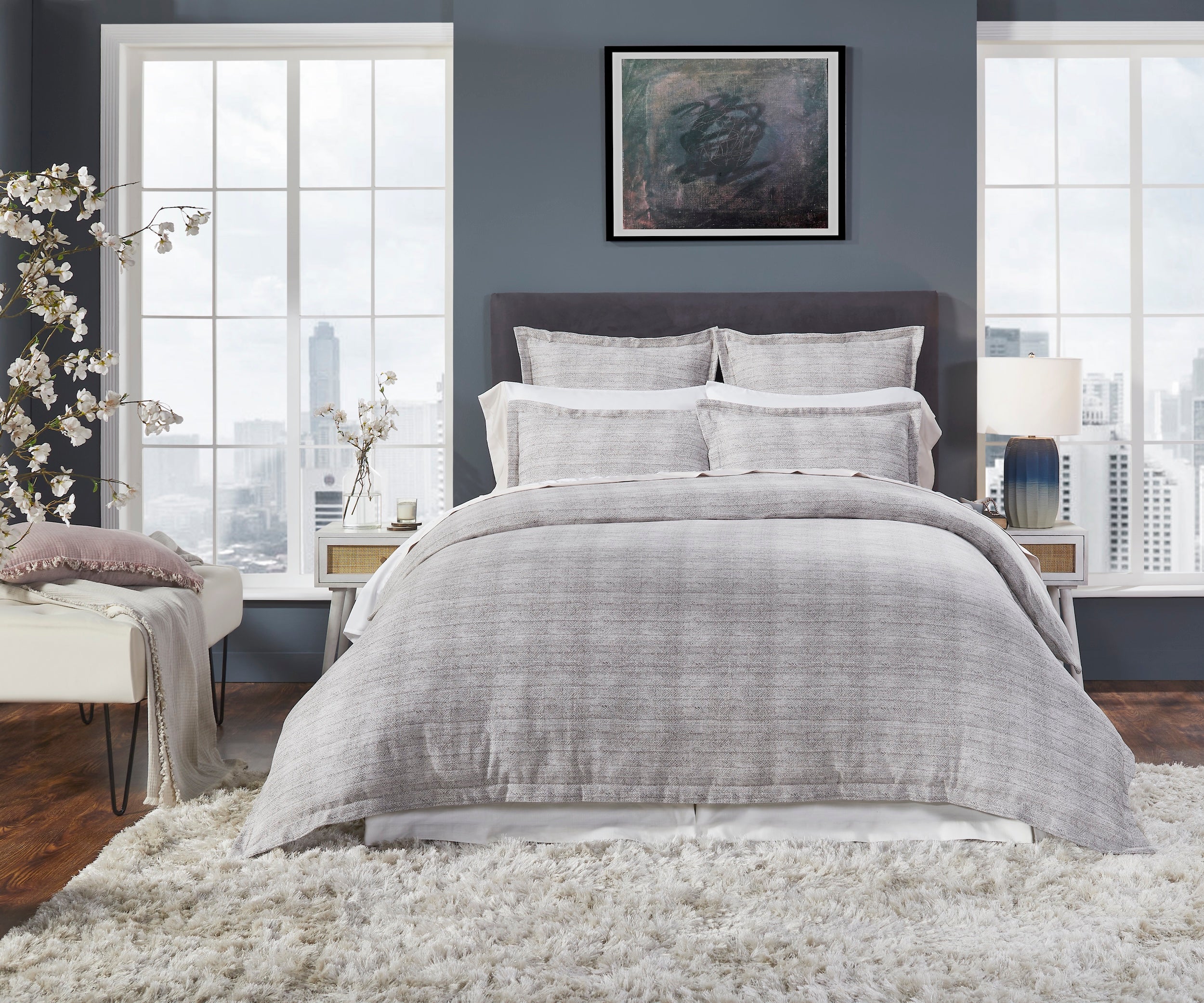 DT-032-X_1|Modern grey textured duvet cover creating a chic focal point in a contemporary bedroom setting.