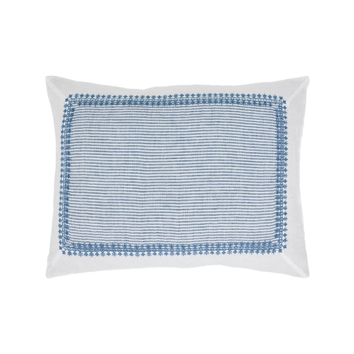 SS-030-2026_1|White and blue embroidered striped duvet cover sham, detailed border design for a coastal or classic bedroom style.