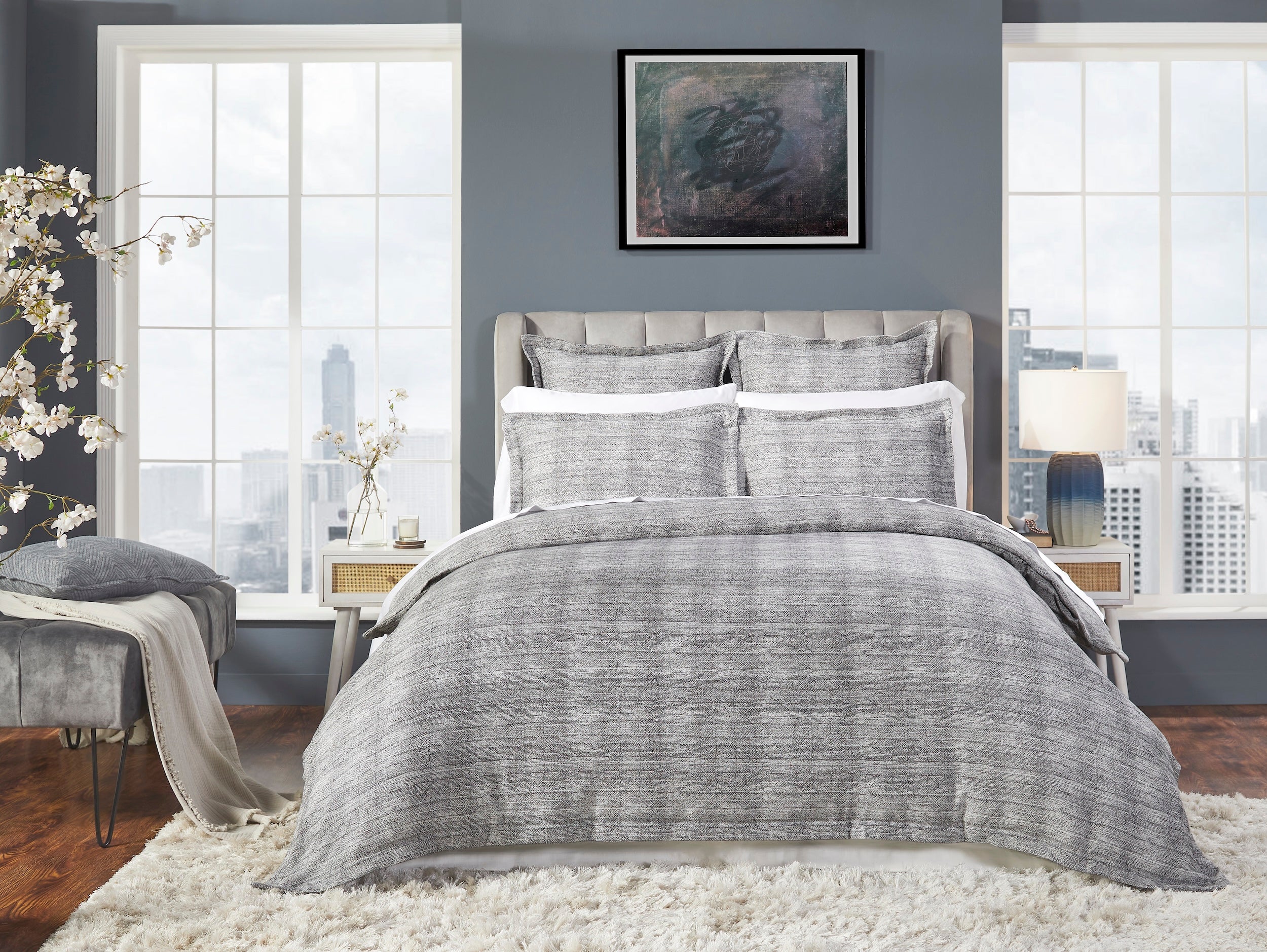 DT-034-10692_1|Modern grey textured duvet cover creating a chic focal point in a contemporary bedroom setting.