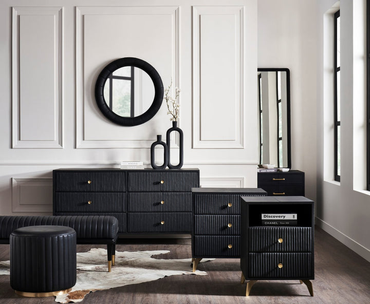 FN-5202-X-3_2|Modern black bedroom furniture set with ribbed textures, featuring dresser, nightstands, and stool for stylish storage.