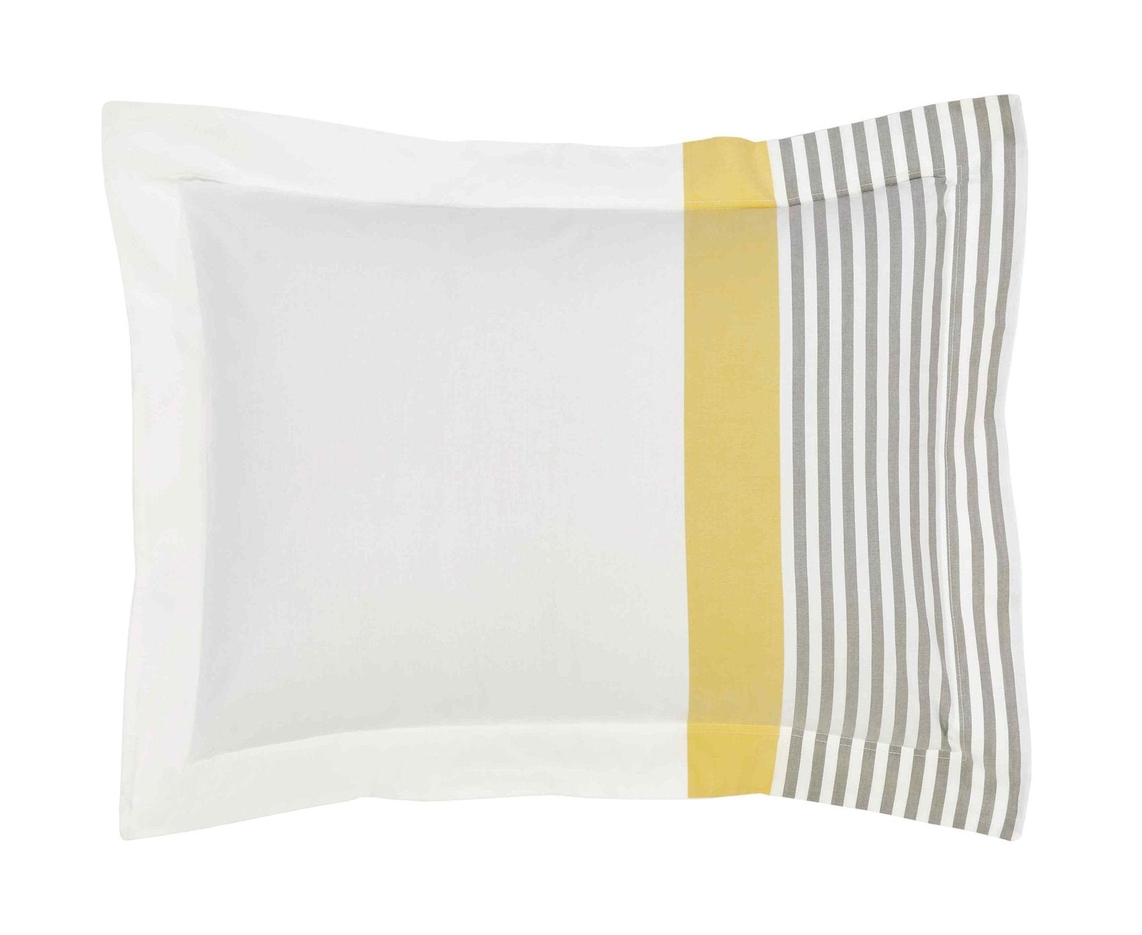 SS-001A-X_1|Crisp white pillow sham featuring a modern yellow band and grey vertical stripes, ideal for vibrant bedroom decor.
