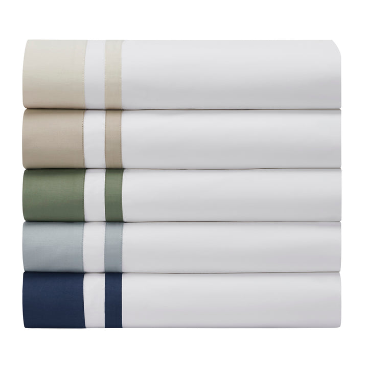 TFL-540-3980_6|Stacked premium 100% cotton sheets with colorful striped trims. Soft, breathable, and versatile bedding in various hues.