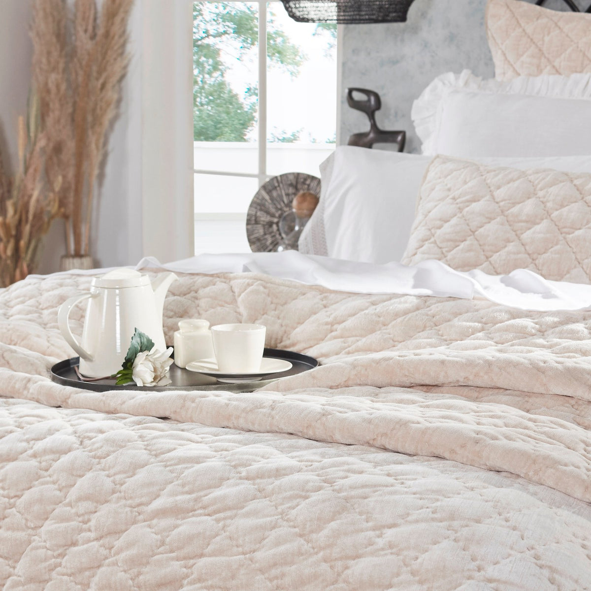 QT-342-11096_4|Plush blush pink quilt with a charming diamond texture, elegantly draped, creating cozy warmth for a serene bedroom.