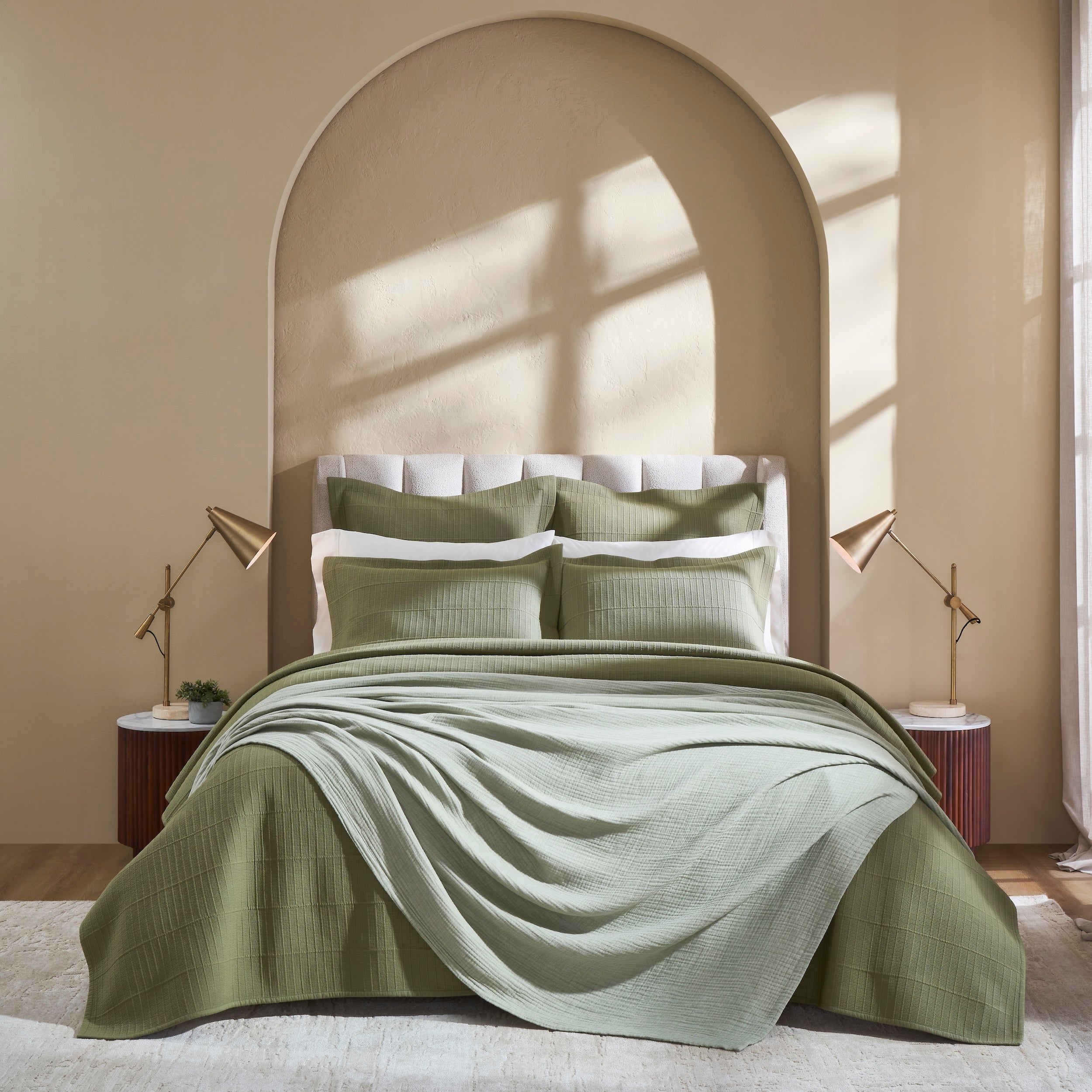 CL-270-11096_6|Front view of a quilted sage green coverlet. Modern textured design providing an elegant and serene bedroom ambiance.