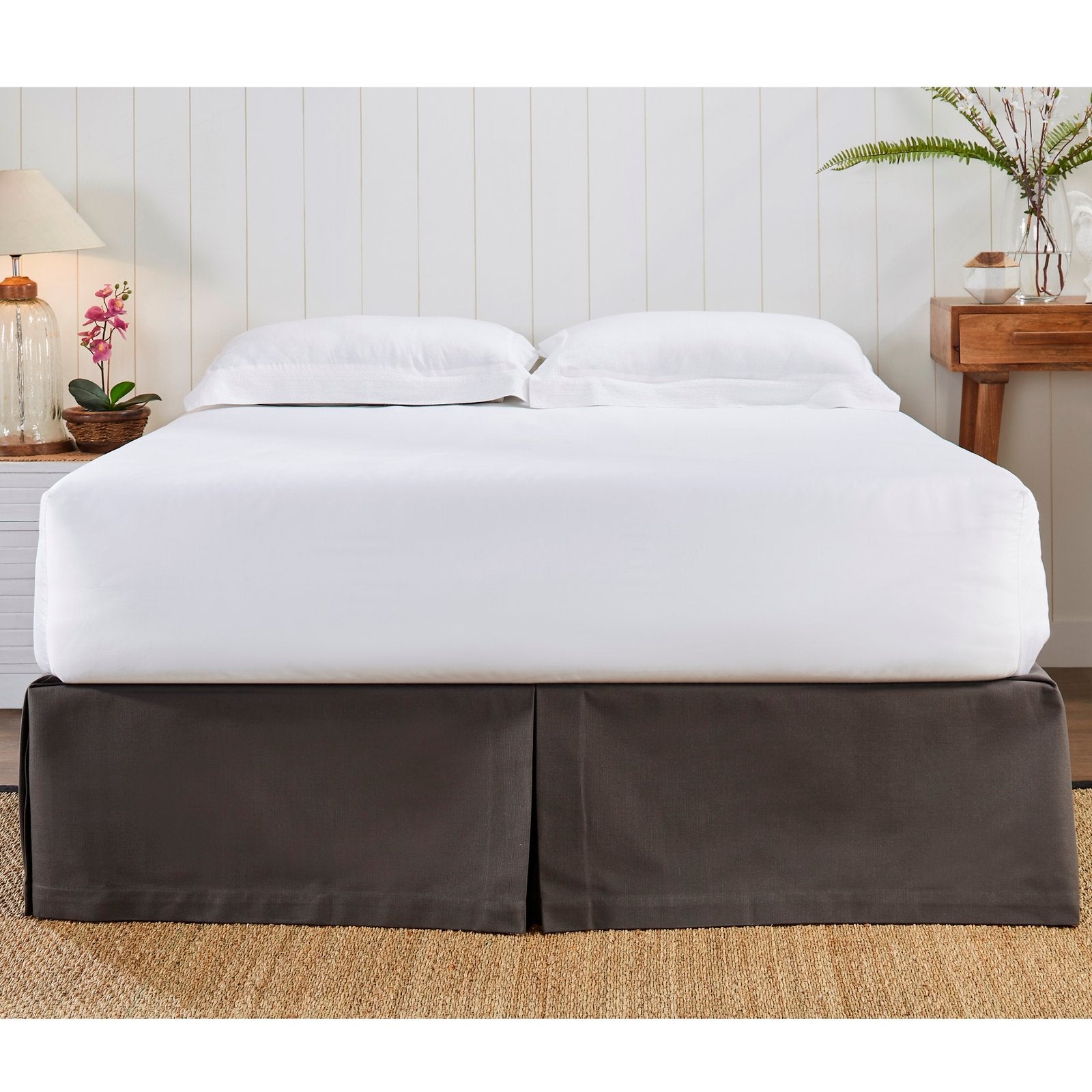 BS-106-7880_2|Contemporary dark grey pleated bed skirt crafted from durable fabric, adding a refined, modern touch to bedding.