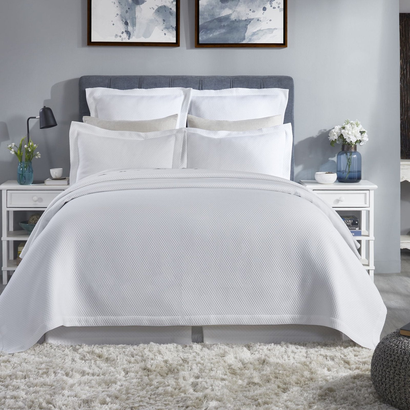 CL-256-X_1|White quilted bed shams and pillow covers. Elegant, clean white bedding set with diamond pattern for a modern bedroom.