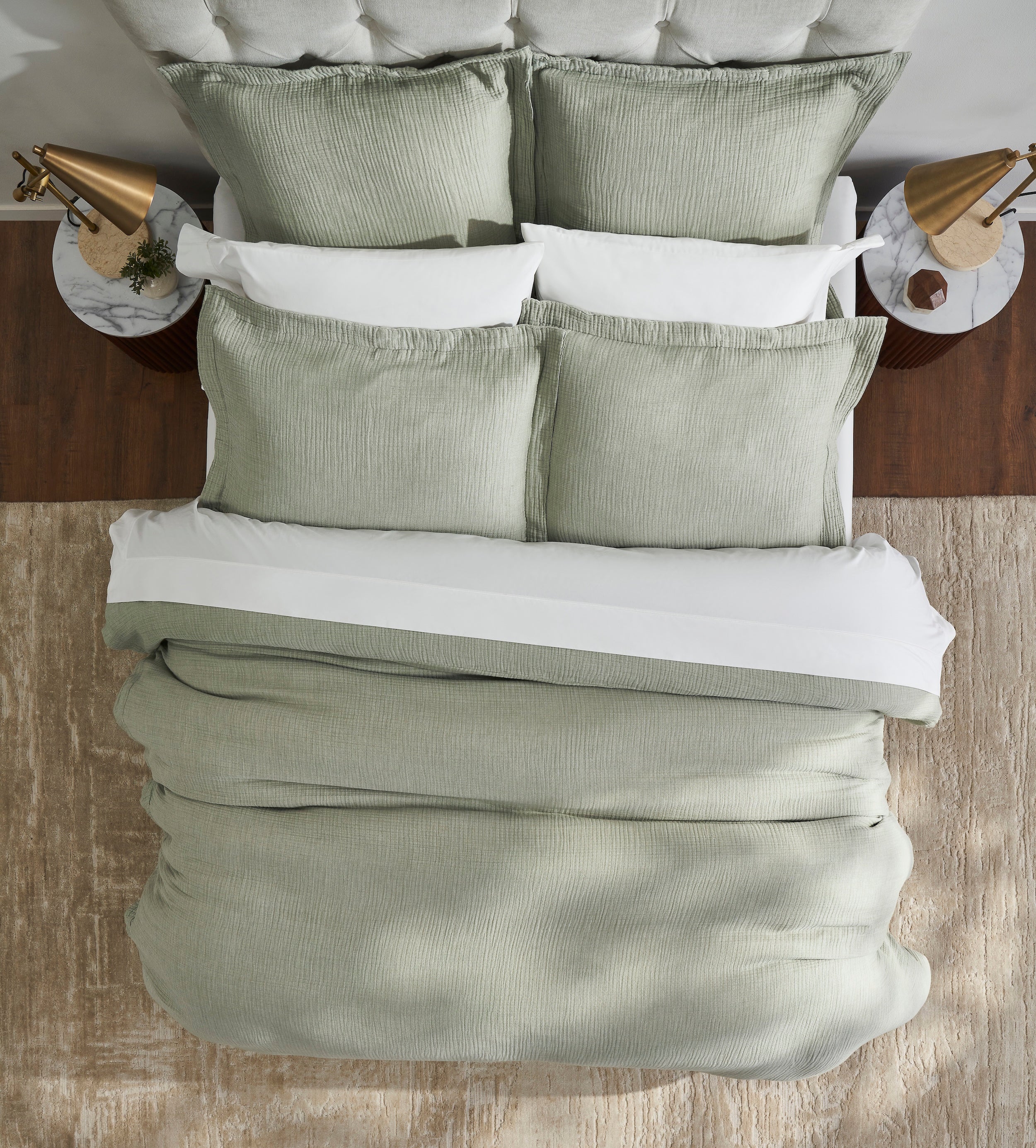 DT-051-10692_5|Overhead view of a serene light green textured gauze duvet cover on a cozy bed, perfect for a modern, breathable bedding experience.
