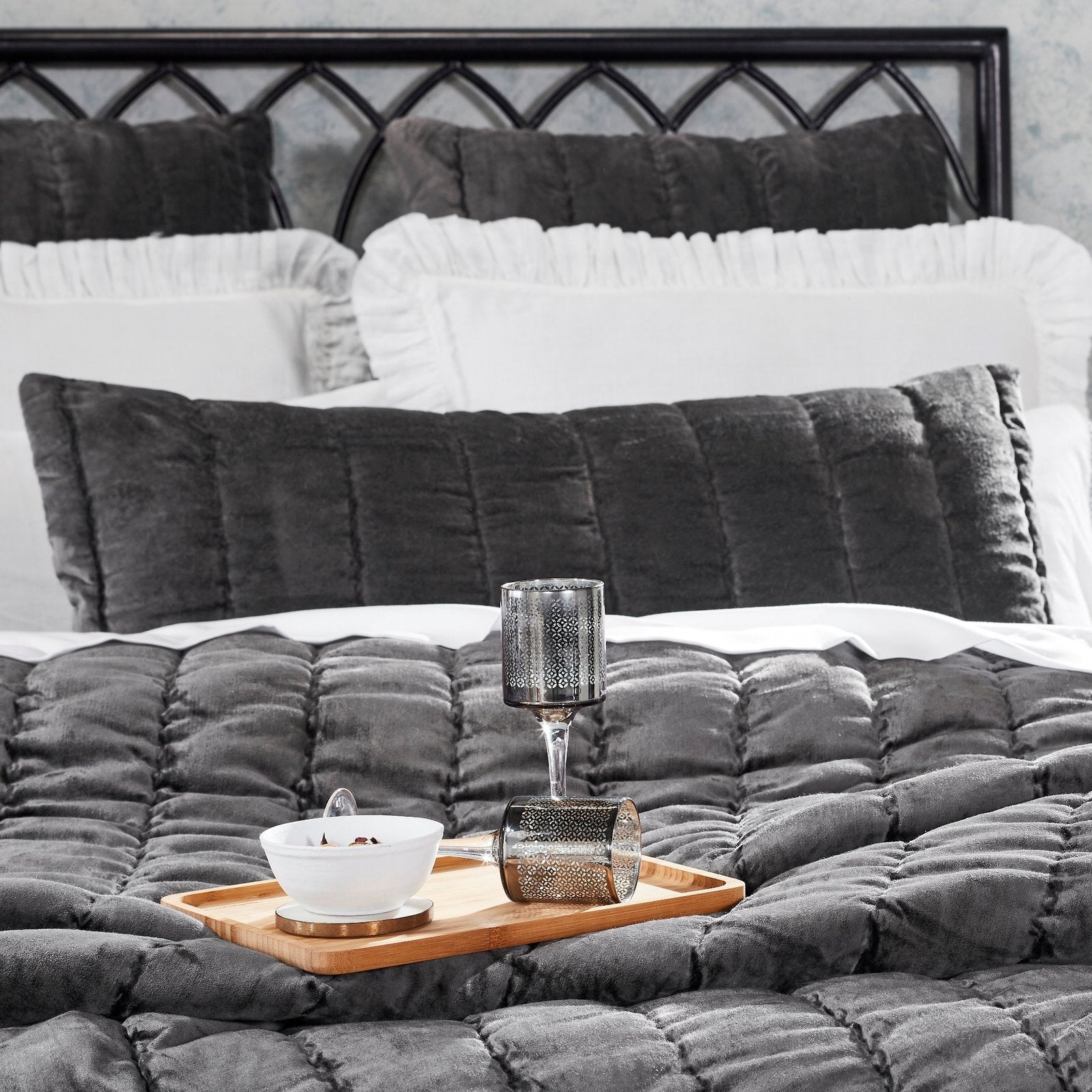 QT-338-11096_3|Close-up of a chic dark grey velvet quilt, showcasing the elegant channel quilting for luxurious bedroom comfort.