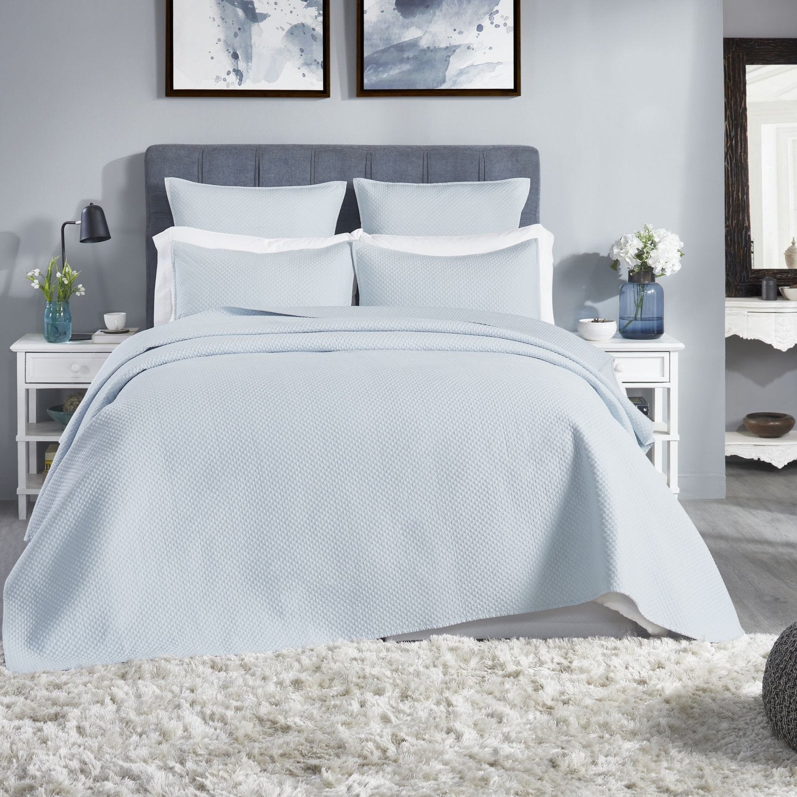 CL-251-11096_1|Light blue textured coverlet on a queen bed, creating a serene and calming atmosphere in a modern bedroom.