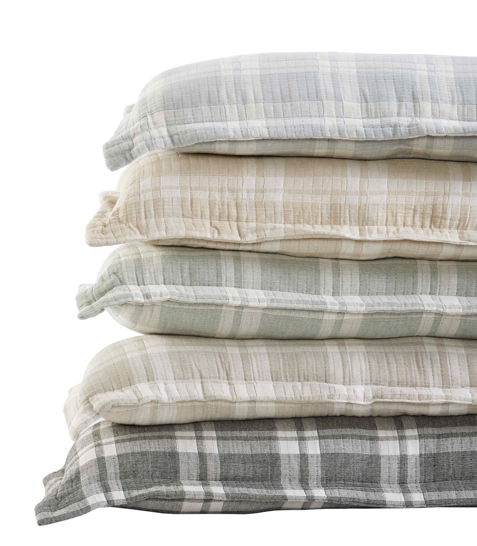 TP-119-1640_2|Stack of five soft plaid decorative pillows in varying shades: blue, beige, green, and grey. Cozy bedding accents.