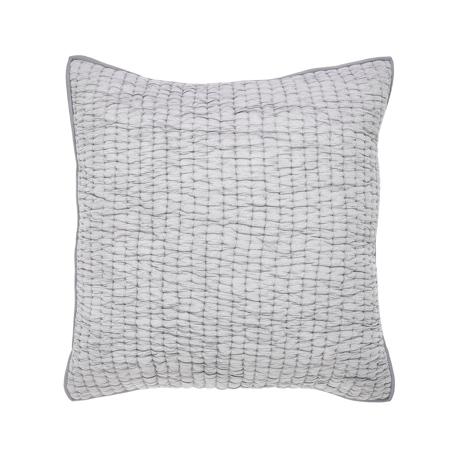 ES-344-2626_1|Elegant light gray quilted pillow sham featuring a unique ruched grid pattern, offering sophisticated texture for bedding.
