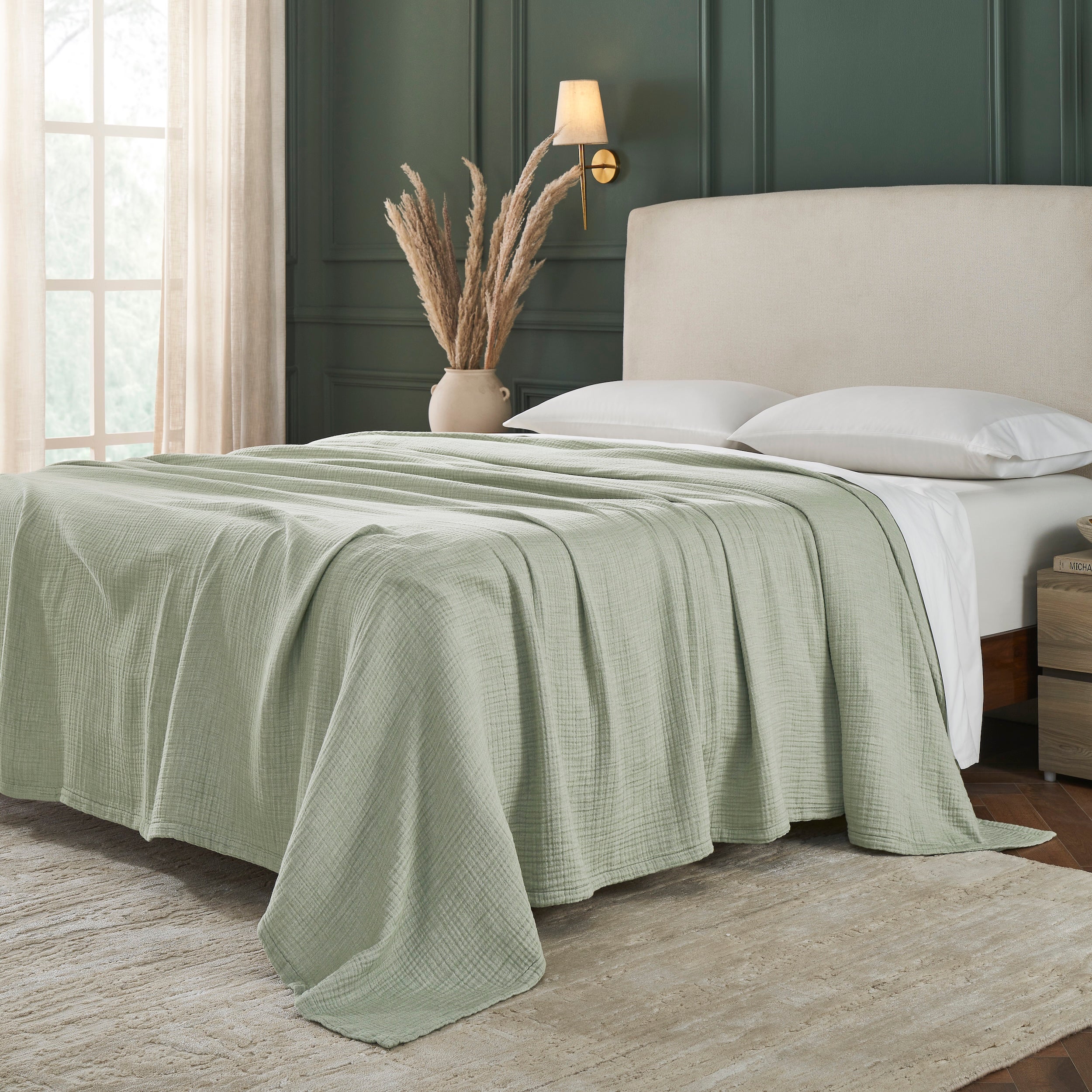 BL-864-11096_2|Sage green gauze blanket covering a bed, soft and breathable, full bedspread for cozy bedroom decor and comfort.