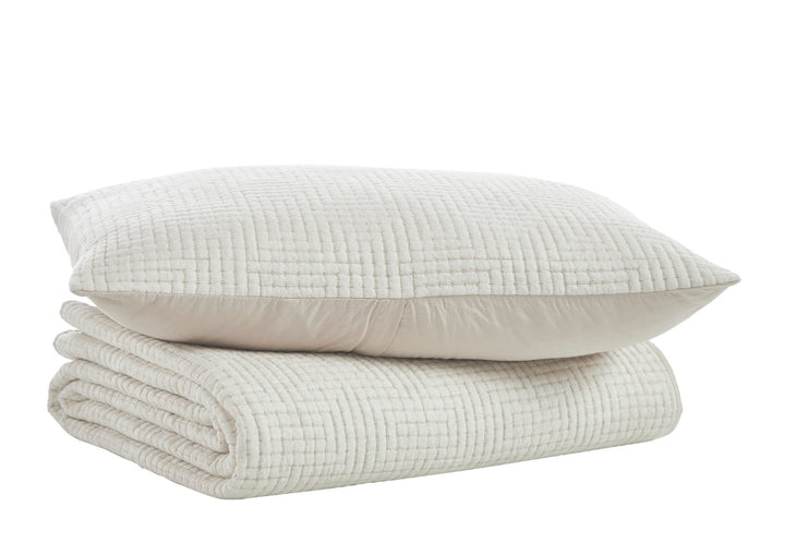 CL-259-11096_5|Folded off-white textured geometric pattern coverlet and matching pillow for a cozy, stylish bedding set.