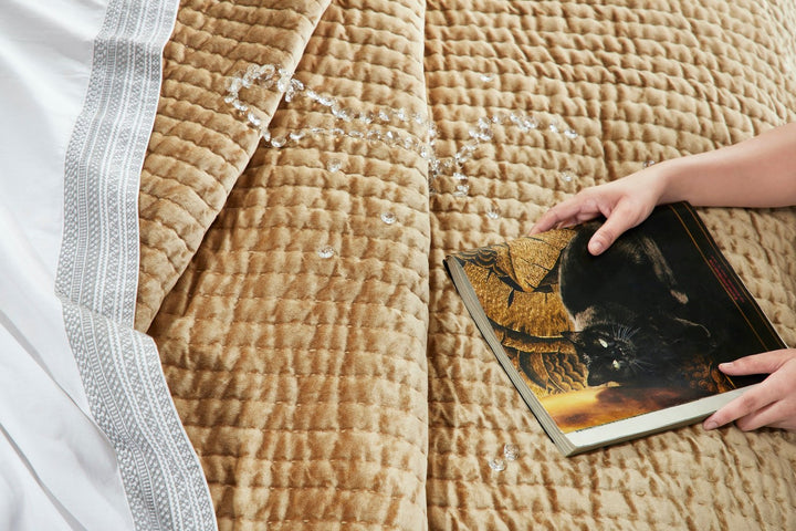 QT-362-9496_5|Cozy gold velvet quilt with a tactile textured design, perfect for relaxed moments and adding a touch of luxury to beds.
