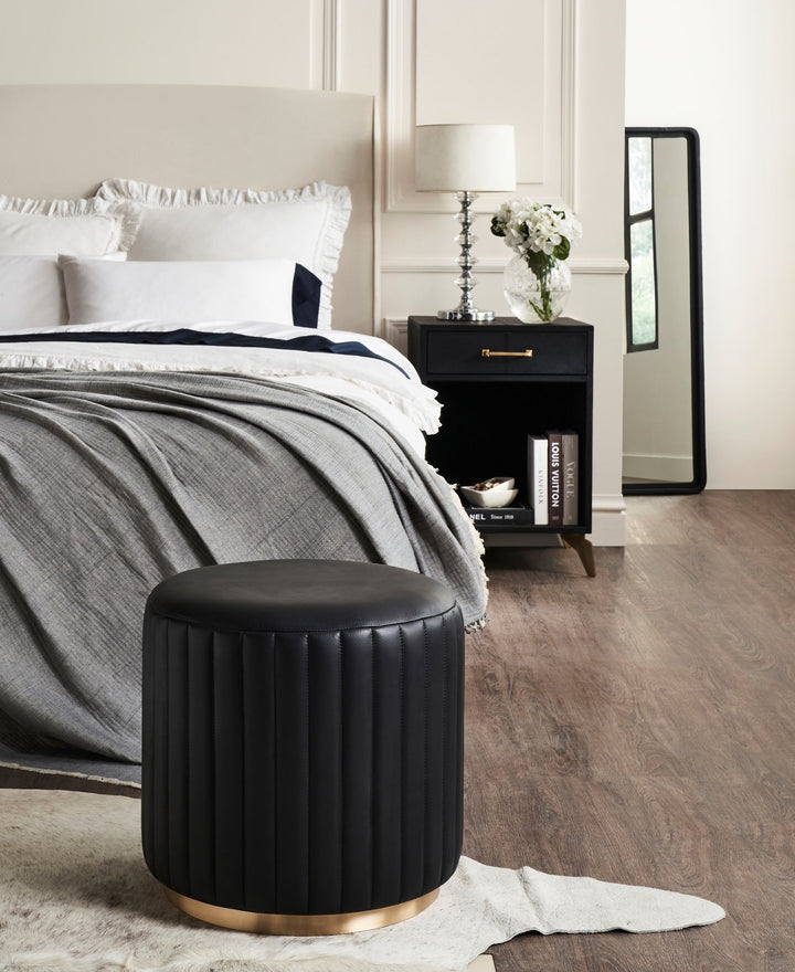 FN-5202-X-5_1|Elegant black fluted nightstand with three drawers and gold hardware, providing stylish bedside storage and charm.