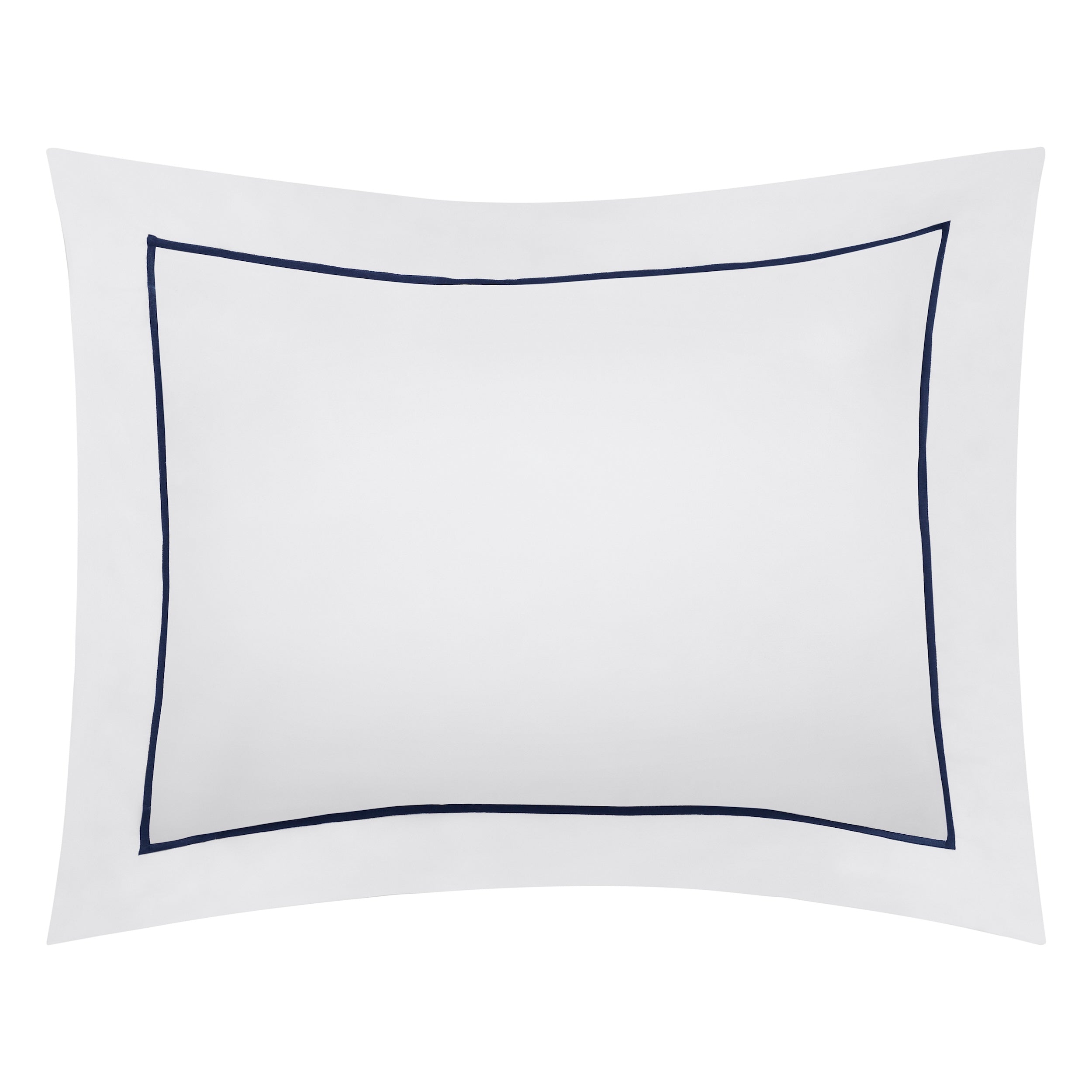 BS-070-1216_1|Tailored crisp white duvet cover with elegant navy blue piping. Luxury long-staple cotton bedding, classic design.