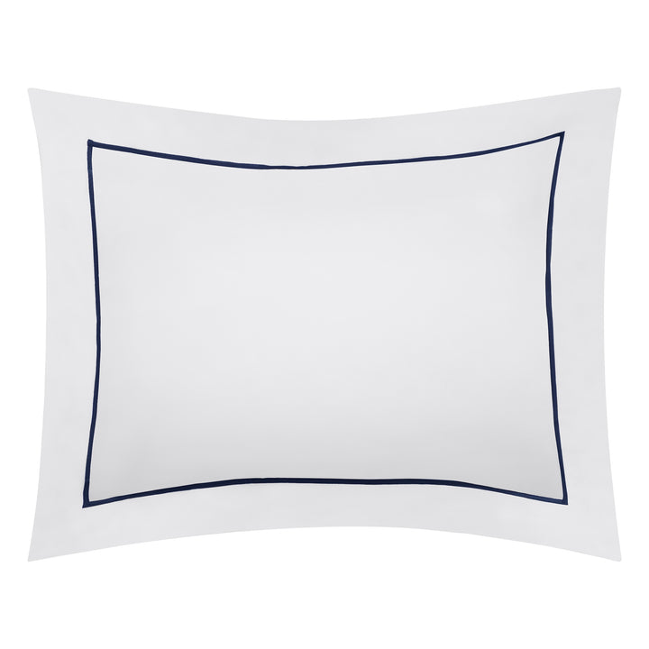 BS-070-1216_1|Tailored crisp white duvet cover with elegant navy blue piping. Luxury long-staple cotton bedding, classic design.