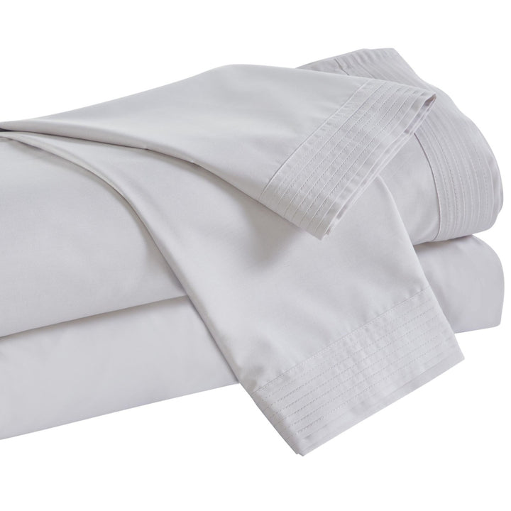 KSS-523-7880_5|Premium folded light pink 100% cotton sateen sheets with stylish pintuck cuffs, offering soft, durable, and easy-care comfort.