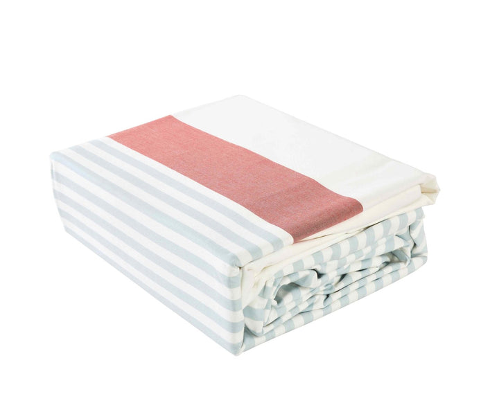 DT-001B-10692_3|Compactly folded light blue and white striped duvet cover with a striking coral accent, perfect for vibrant and organized bedding.