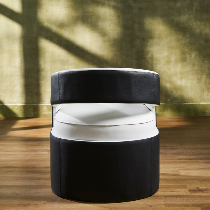 FN-5208-282429_5|Contemporary white and black genuine leather accent chair, back view highlighting its sophisticated curved design. Luxury leather furniture.