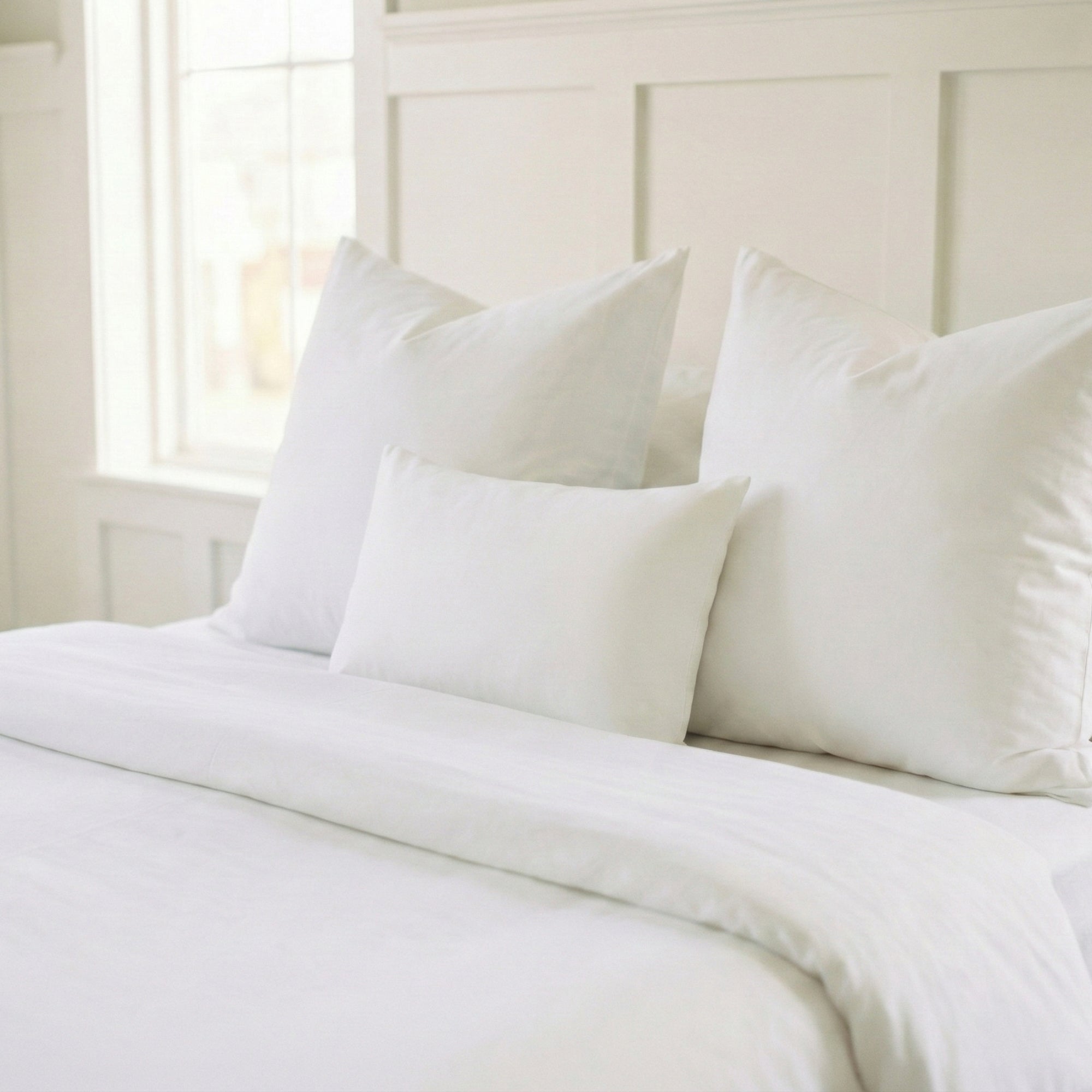 PI-2520-1216_1|Crisp white pillow inserts on a bed, providing plush support and hypoallergenic comfort for a restful sleep experience.