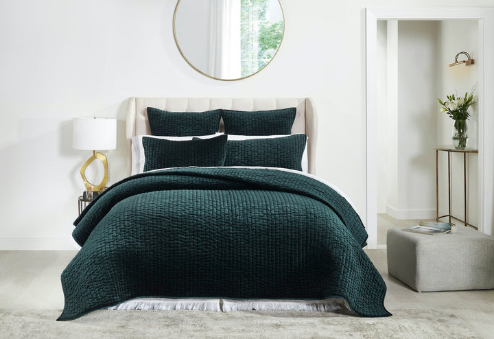 QT-363-9496_2|Dark green velvet quilted bedspread on a bed, offering deep color and plush texture for an elegant and cozy bedroom.
