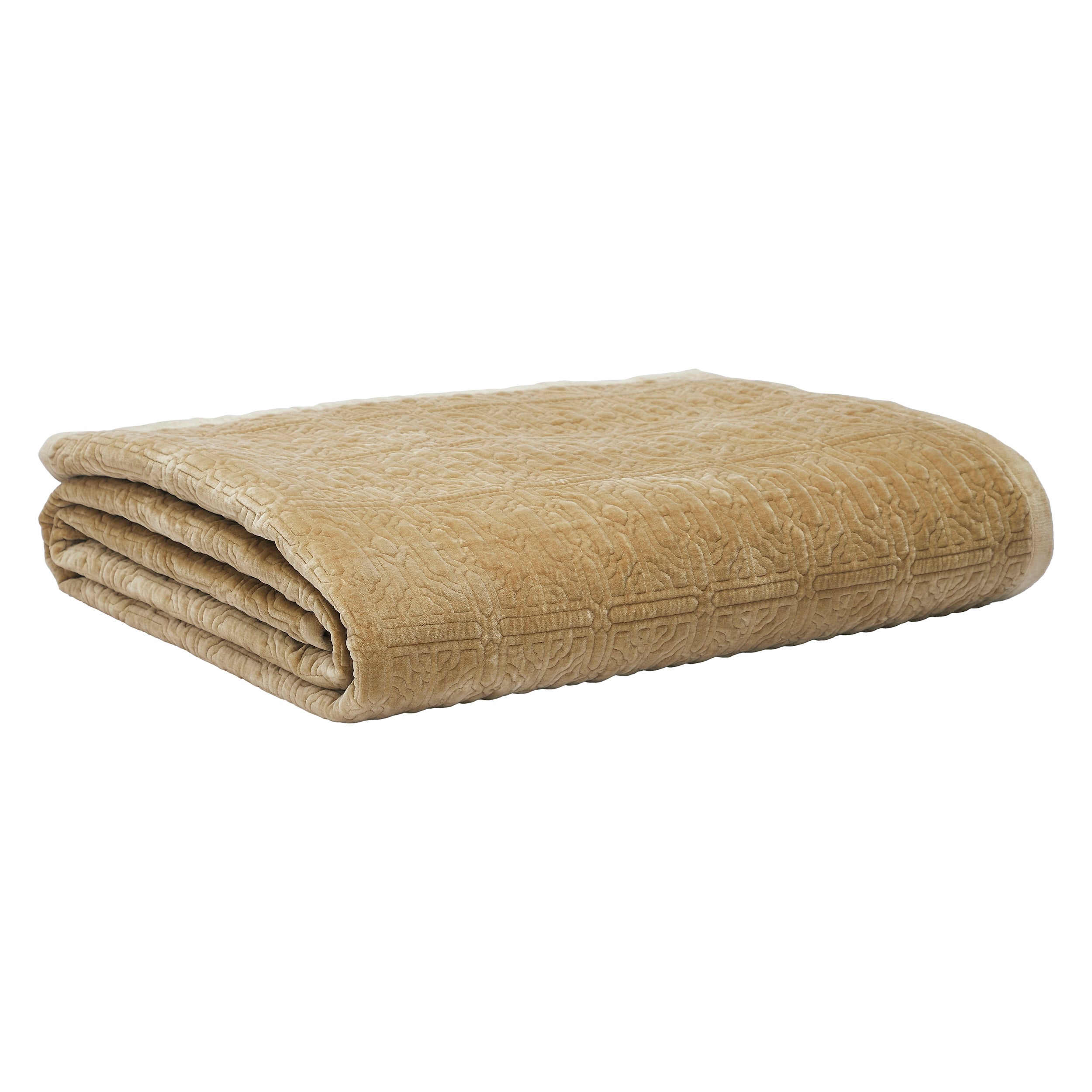 QT-377-11096_9|Neatly folded tan quilt with a subtle embossed geometric pattern, perfect for adding warmth and sophisticated style to any bed.