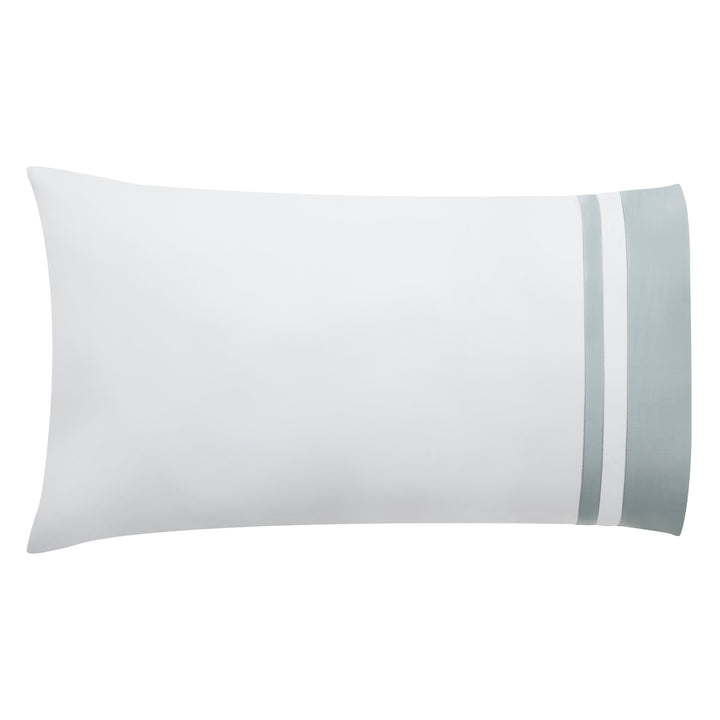 ASP-541-2032_3|Single standard 100% cotton sateen pillowcase in white, accented with a wide light blue border and dual white stripes.