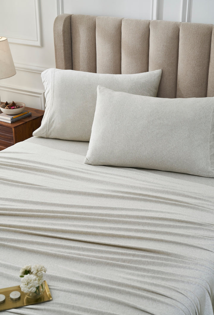 QSS-526-6080_2|Close-up of soft light grey 100% cotton jersey sheets and pillowcases, ensuring breathable comfort for your bed.