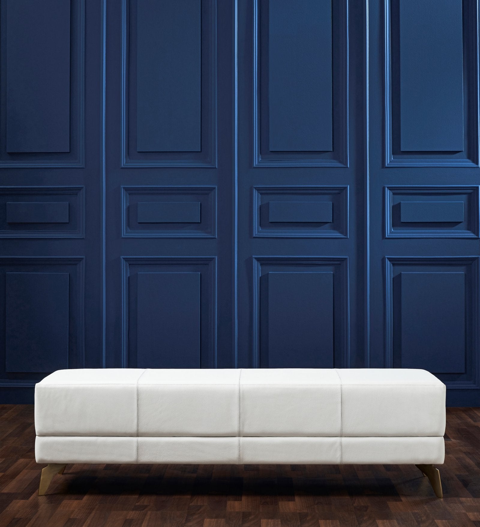 FN-5200-X-3_1|Modern white upholstered faux leather bench with light wood legs, perfect for entryways or living room seating.